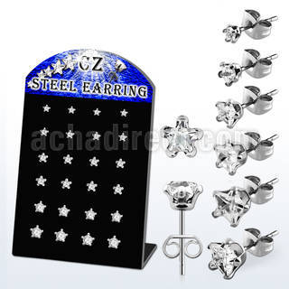 derzst display 12 pares piercings oreja acero inoxidable zirconia clara estrella 3mm 8mm distribuidor mayorista
