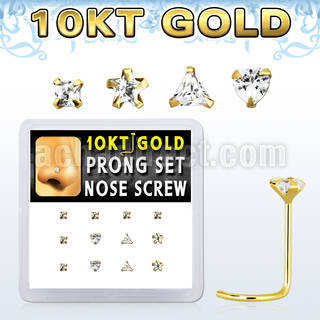 dgisc3 box w 12 pc of 10kt gold nose screw w assorted shapes cz