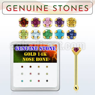 dgnb8 14kt gold nose bone with prong various precious stones