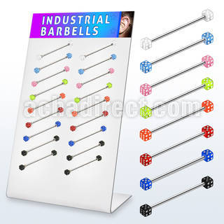 dind13 display 18 barbells industriales acero 316l dados acrilico uv 4mm 35mm 38mm distribuidor