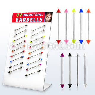 dind17 display 18 barbells industriales acero 316l conos acrilico uv distribuidor mayorista