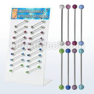 dind18 display 18 barbells industriales acero 316l bolas multi cristal ferido 5mm 35mm 38mm distribuidor mayorista
