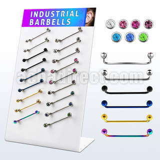dind23 display 18 barbells superficiales industrial acero 316l brillo espejo pvd bolas 5mm 38mm mayorista