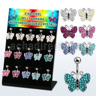 dmix15b display w steel belly bananas w multi crystal butterfly