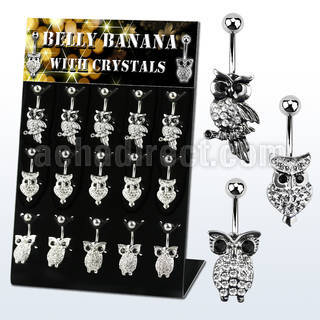 dmix6b display 15 piercings ombligo acero 316l tres estilos buho 10mm mayorista