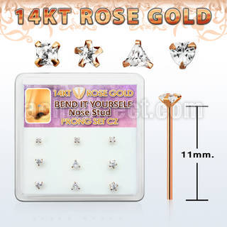 drys13 caja display 9 piercing nariz doblar tu mismo oro rosa 14 kts 0 6mm zirconia claras formas cuadrada estrella tri corazon mayorista