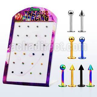 dtrg2 display 24 labrets acero quirurgico anodizado brillo espejo piercing tragus bolas conos 2mm 8mm venta