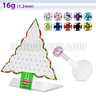 dxmas6 xmas tree display of bioflex labret with w prong set cz