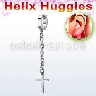 ehhlcrs steel helix huggie earring w a cross dangling on chain