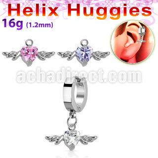 ehhz367 helix huggie w a dangling heart shaped cz w wings