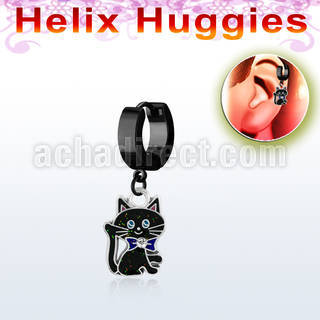 ehk503 black steel helix huggie w dangling black cat design