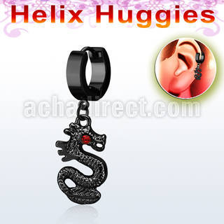 ehk721 black steel helix huggie w dangling dragon w crystal eye