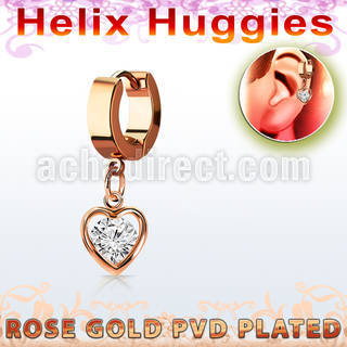 ehrz419 rose gold steel helix huggie w dangling heart w round cz