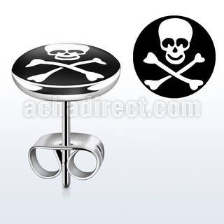 er194 pair of steel ear studs w white skull crossbones