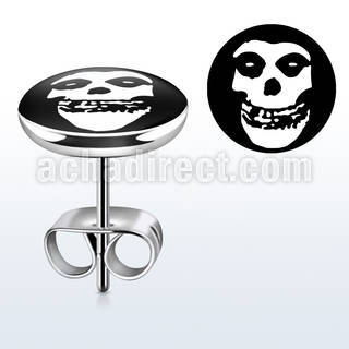 er195 pair of stainless steel ear studs w white skull logo