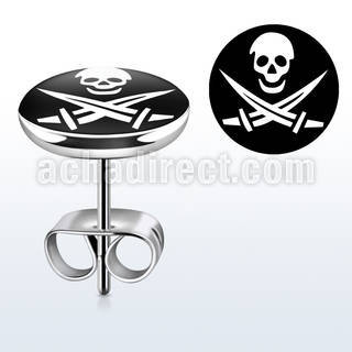 er196 par piercings oreja acero inoxidable logo calavera blanca espadas cruzadas fondo negro 10mm distribuidor