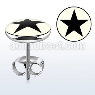 er199 pair of steel ear studs with black star on white logo