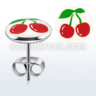 er204 pair of stainless steel earring studs with cherry logo