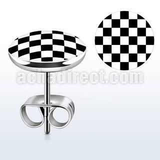 er205 pair of stainless steel ear studs with checkered logo