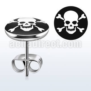 er210 pair of steel ear studs with crossbones behind skull