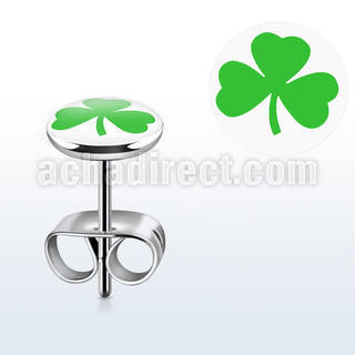 er236 pair of stainless steel ear studs w shamrock on white