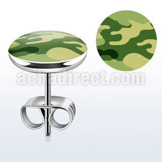 er257 pair of stainless steel ear studs w camouflage logo