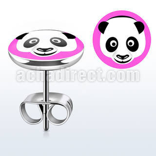 er267 pair of stainless steel earring studs with panda on pink