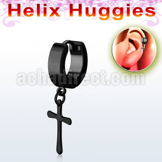 er268cb pequeno pendiente huggie helix acero quirurgico pvd negro colgante acero cruz al por mayor
