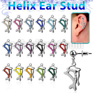 erbd13 316l steel helix ear ball stud w dangling twin dolphin