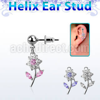 erbz178 316l steel helix ear ball stud w dangling cz flower
