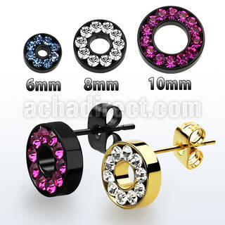 erftrdc steel fake flesh tunnel ear studs w multi crystal rim