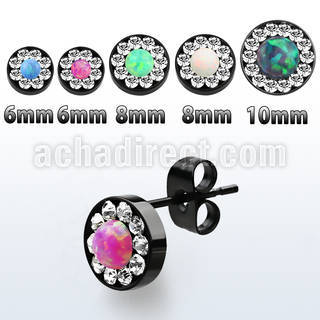 erftrdco par plugs falsos oreja acero 316l anodizado negro cristal opalo centro mayorista