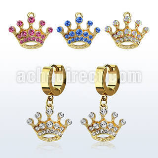 erg703 pendiente huggie oreja acero inoxidable pvd dorado colgante corona cristal mayorista