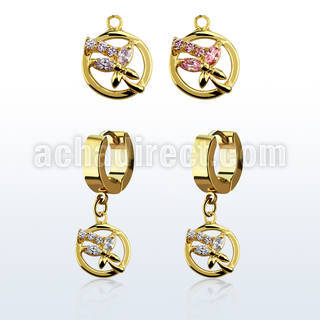 ergz520 pendiente huggie oreja acero inoxidable pvd dorado colgante circular mariposa cristal venta