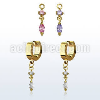ergz522 gold steel huggies earrings w dangling oval cz