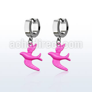 erh454 par pendientes huggie oreja acero inoxidable brillo espejo colgante pajaro color rosa distribuidor
