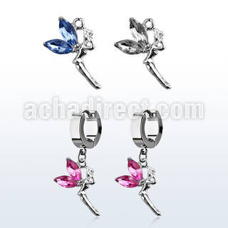 erh532 steel huggies earrings w dangling fairy w crystal wings