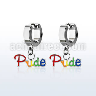 erh648 steel huggies earrings w dangling gay pride slogan