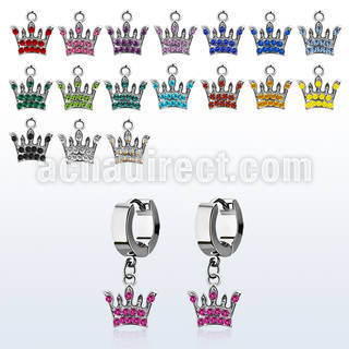 erhcr4 par pendientes huggie oreja acero inoxidable brillo espejo colgante cristal tachonado corona distribuidor mayorista