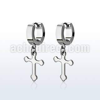 erhcros steel huggies earrings w dangling small cross