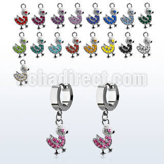 erhdk2 steel huggies earrings w dangling crystal duck 