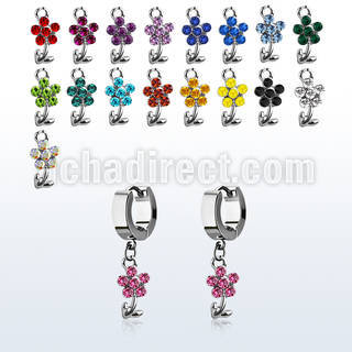 erhfl15 steel huggies earrings w dangling crystal flower