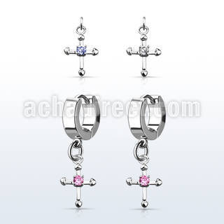 erhz14s par pendientes huggie oreja acero inoxidable brillo espejo colgante cruz zirconia centro distribuidor