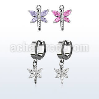 erhz349 par pendientes huggie oreja acero inoxidable brillo espejo colgante libelula alas zirconia al por mayor