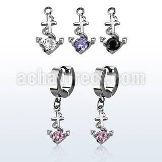 erhz371 par pendientes huggie oreja acero inoxidable brillo espejo colgante ancla zirconita redonda mayorista