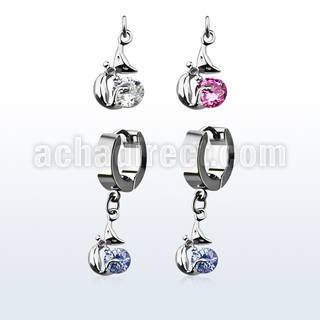 erhz378 par pendientes huggie oreja acero inoxidable brillo espejo colgante gata zirconita redonda al por mayor