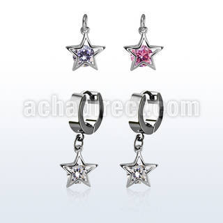 erhz414 par pendientes huggie oreja acero inoxidable brillo espejo colgante estrella zirconia redonda medio plata mayorista