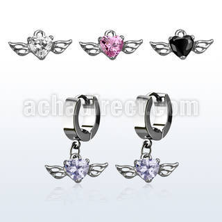 erhz586 par pendientes huggie oreja acero inoxidable brillo espejo colgante corazon zirconia alas al por mayor