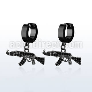 erk631 pendiente huggie oreja acero inoxidable pvd negro colgante negro miniatura ak47 distribuidor mayorista