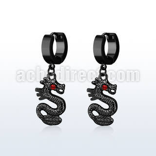 erk721 black steel huggies earrings w dangling black dragon